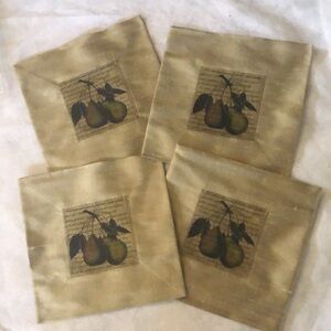 🍐 Four, Raw Silk handmade pear motif 6” square beverage napkins + gift box